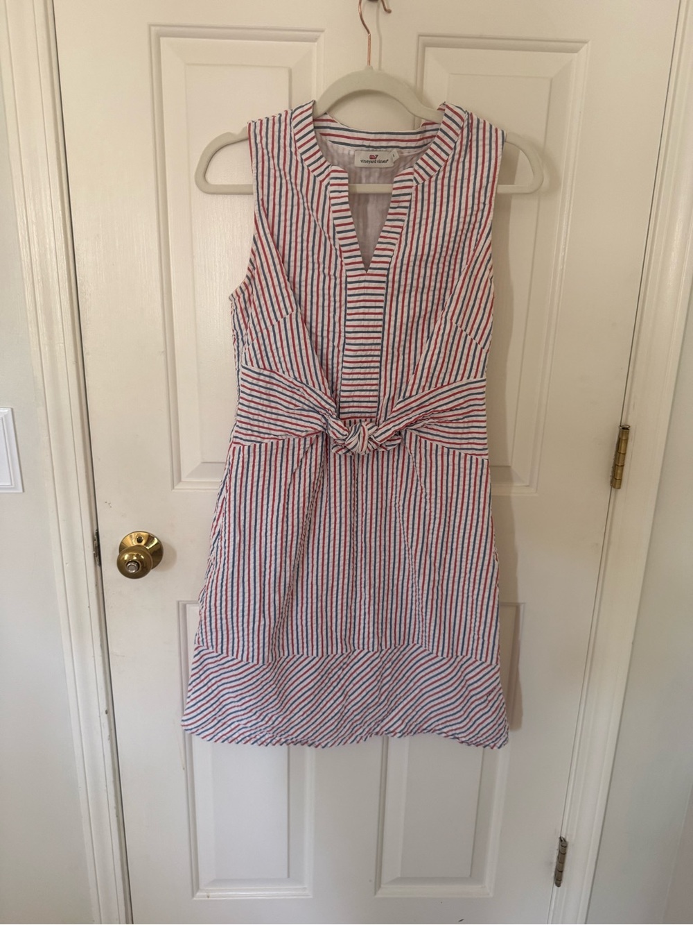 Vineyard Vines Red and Blue Striped Sleeveless Seersucker Mini Dress